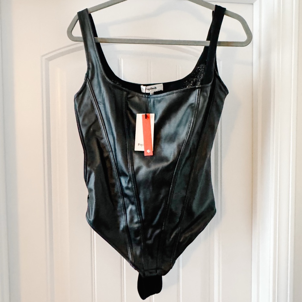 Shapewear Faux Leather Lace Balconette Sculpting Bodysuit